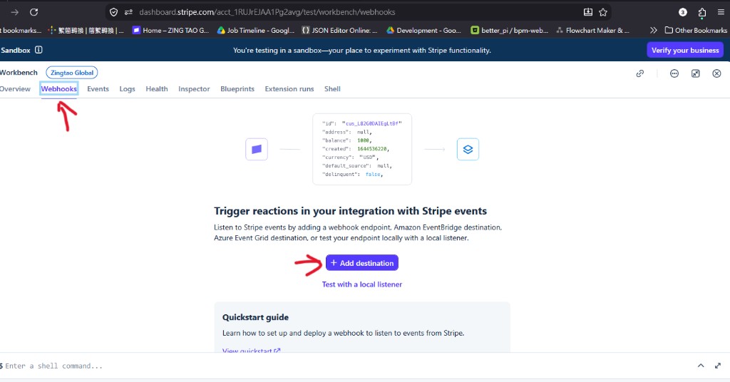 Stripe Workbench Webhooks 分頁同 Add destination