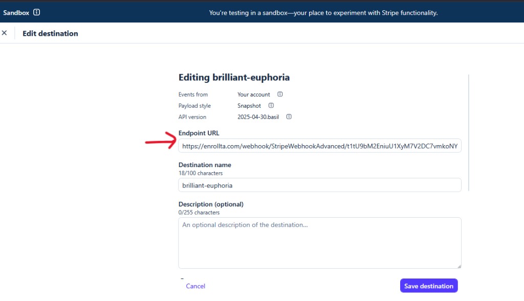 Stripe 編輯 destination 並填入 Enrollta webhook 網址
